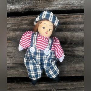 SPRINGFORD INC VINTAGE 5” PORCELAIN DOLL IN PLAID OVERALLS